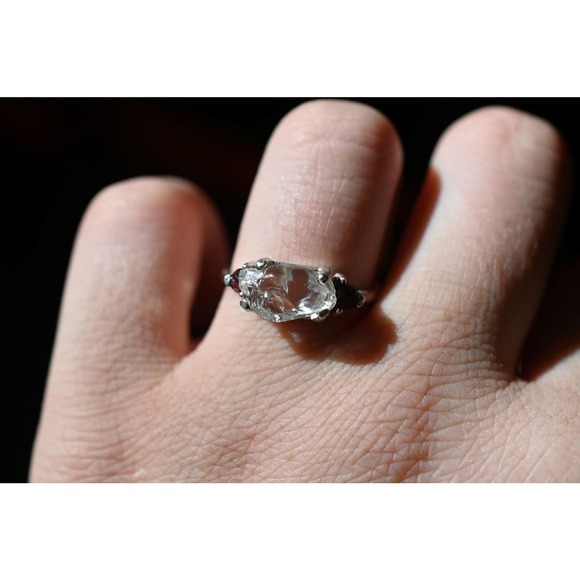 3 Stone Raw Diamond and Garnet Handmade Engagement Ring Rough Natural - Picture 8 of 8